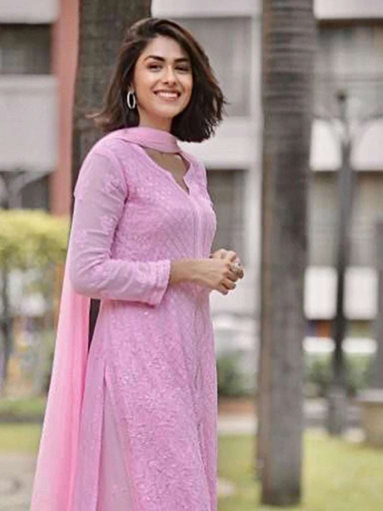 Pink Viscose Georgette Chikankari Kurta With Palazzo And Dupatta