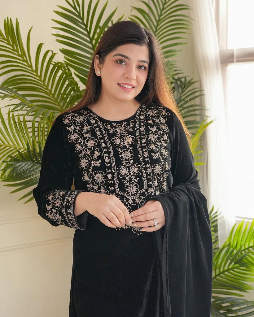 Black Viscose Velvet Embroidery Work Salwar Suit