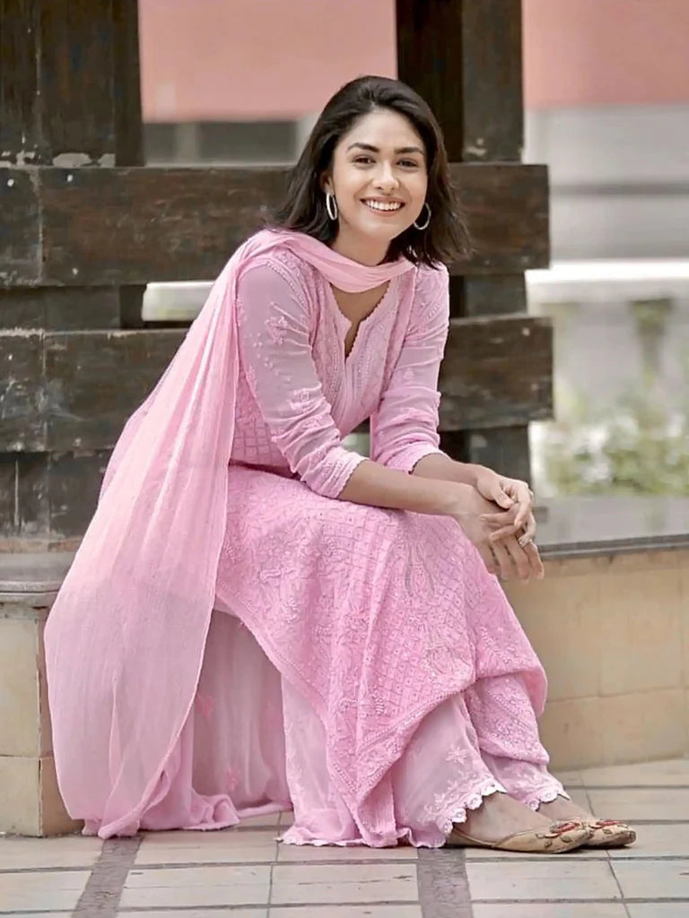 Pink Viscose Georgette Chikankari Kurta With Palazzo And Dupatta