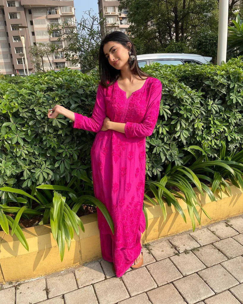 Rani Pink Rayon Cotton Chikankari Kurta With Palazzo