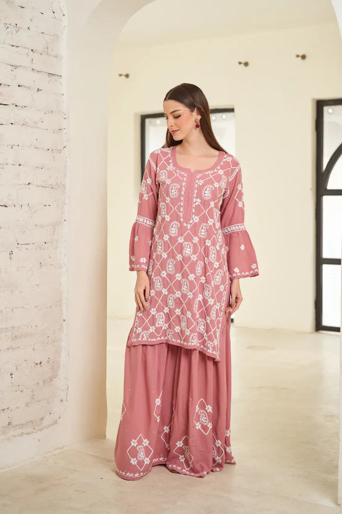 Rose Pink Rayon Cotton Chikankari Sarara Set