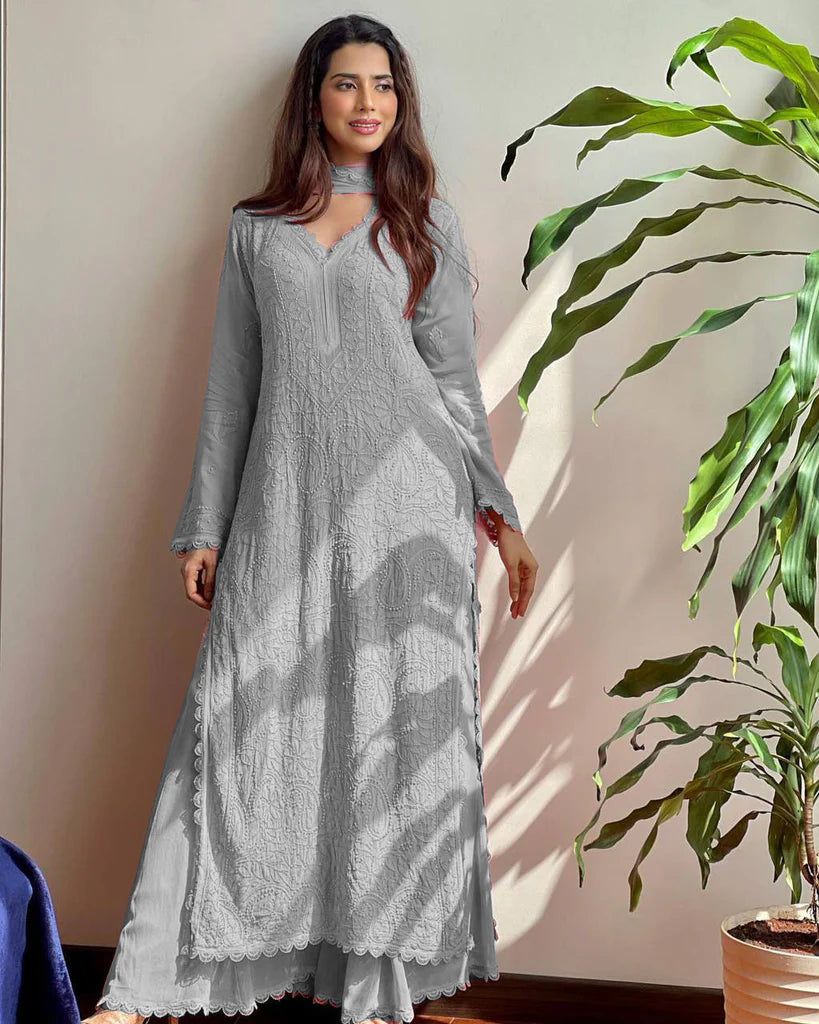 Viscose Georgette Chikankari Kurta With Palazzo And Dupatta