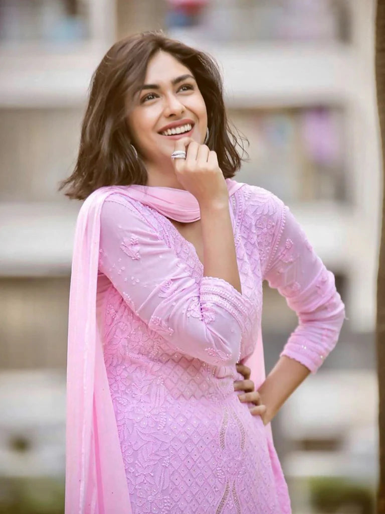 Pink Viscose Georgette Chikankari Kurta With Palazzo And Dupatta