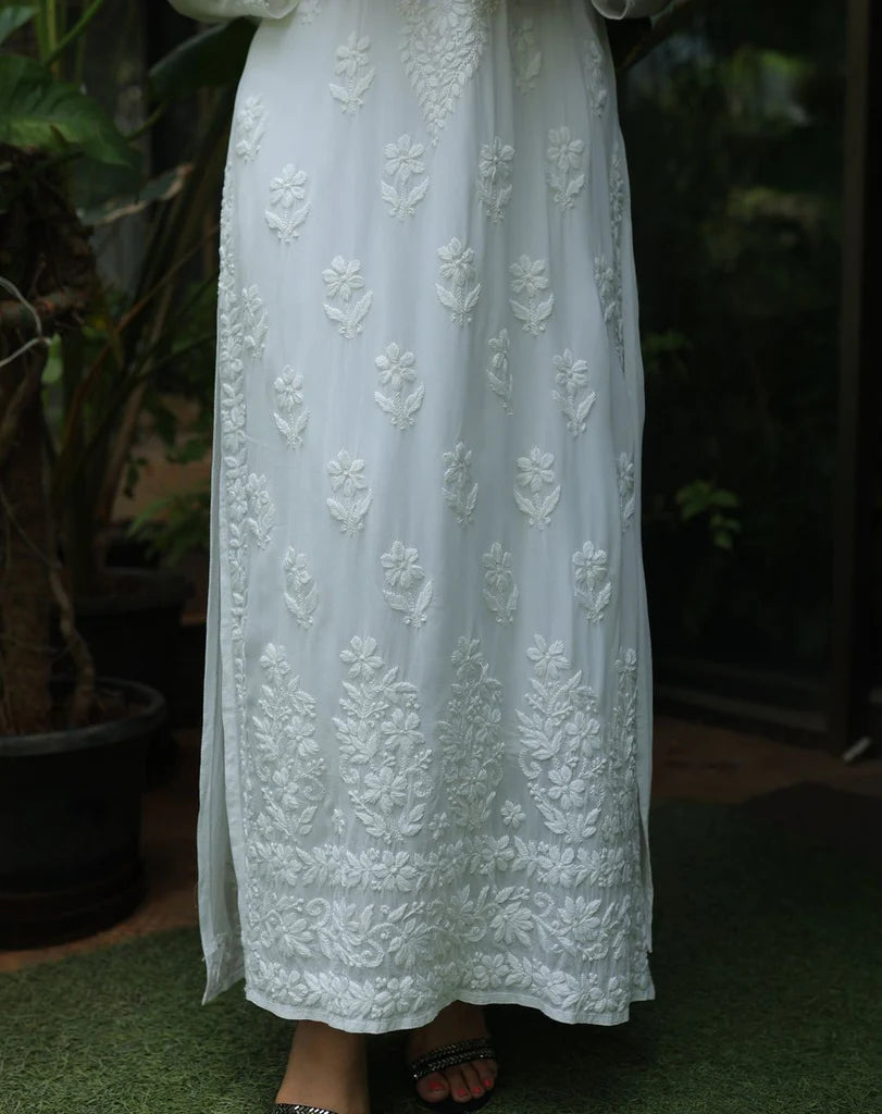 White Viscose Georgette Chikankari Kurta With Pant