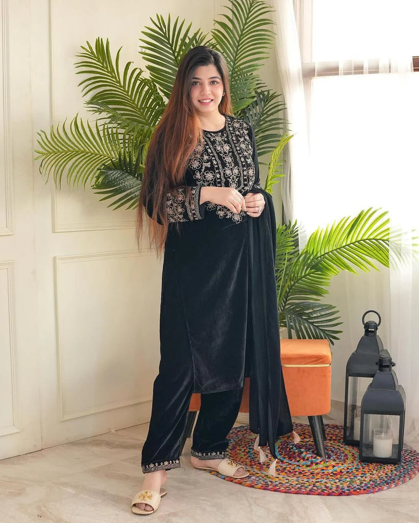 Black Viscose Velvet Embroidery Work Salwar Suit