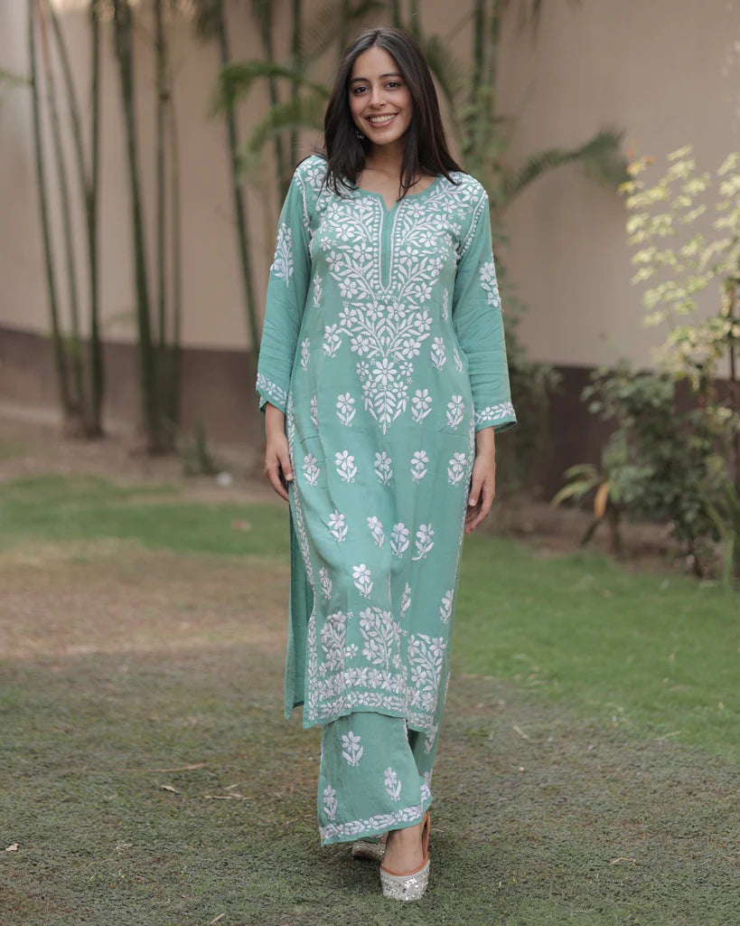 Rayon Cotton Chikankari Kurta With Palazzo