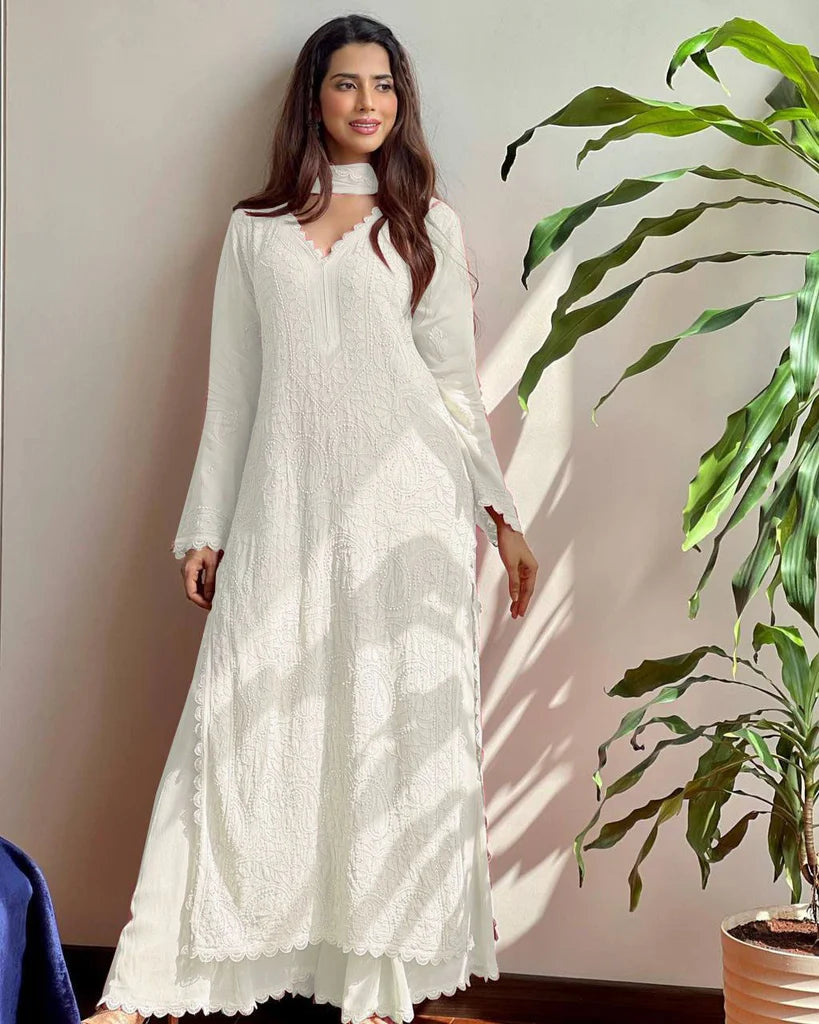 Viscose Georgette Chikankari Kurta With Palazzo And Dupatta