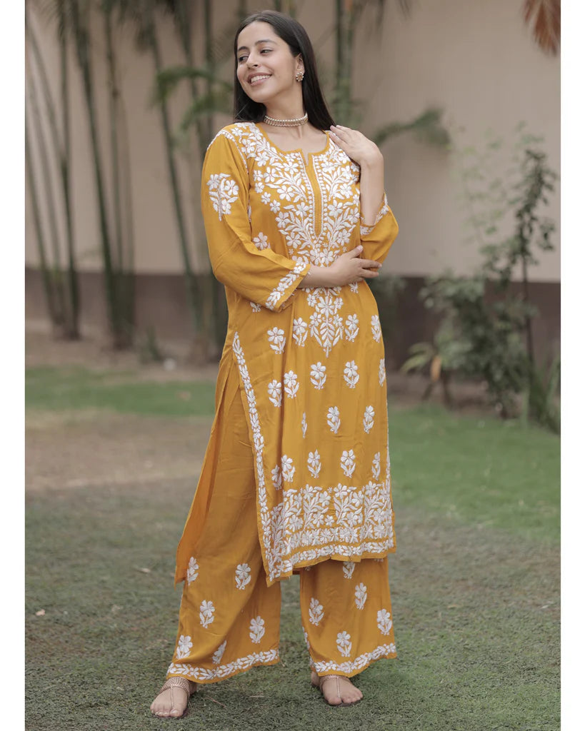 Rayon Cotton Chikankari Kurta With Palazzo