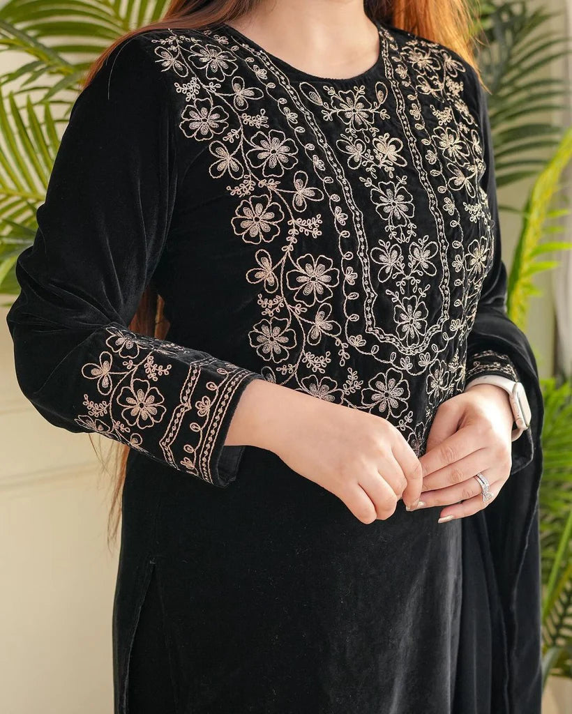 Black Viscose Velvet Embroidery Work Salwar Suit