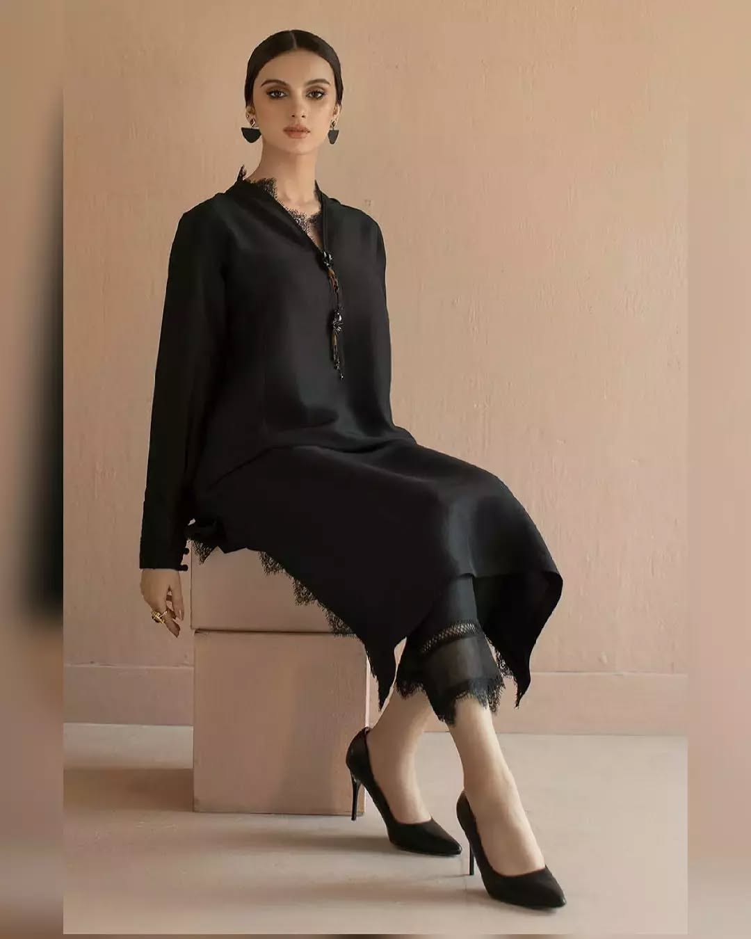 Black Raw Silk Ensemble with Lace Detailing
