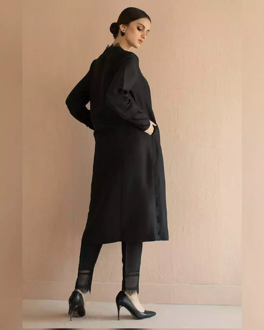 Black Raw Silk Ensemble with Lace Detailing