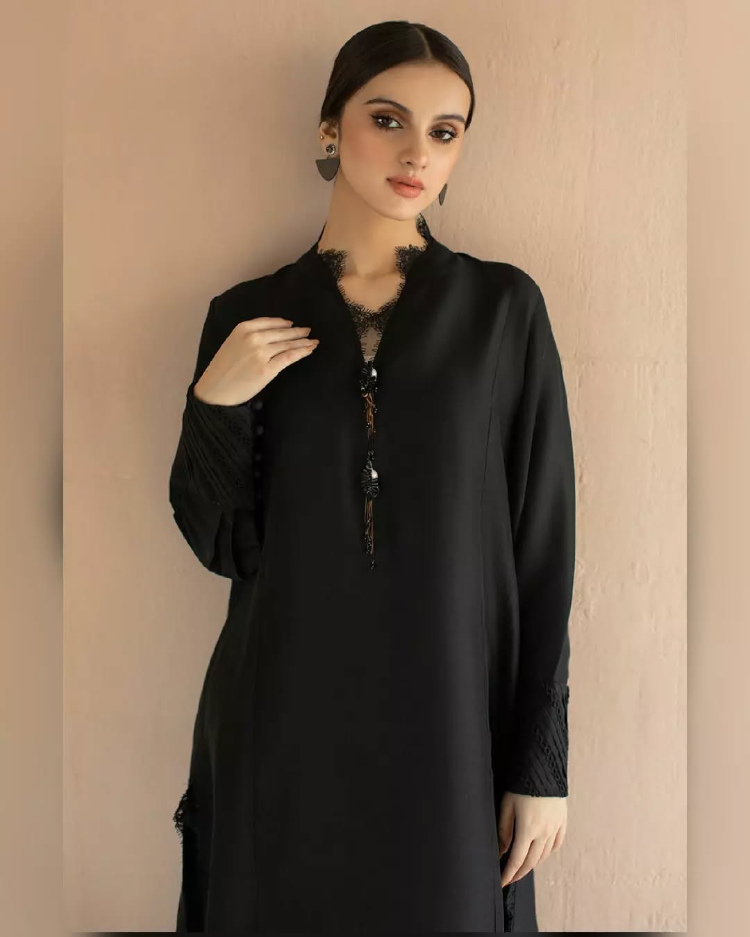Black Raw Silk Ensemble with Lace Detailing