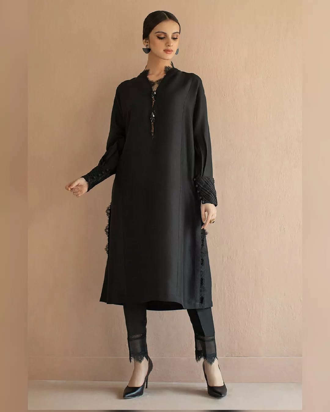 Black Raw Silk Ensemble with Lace Detailing