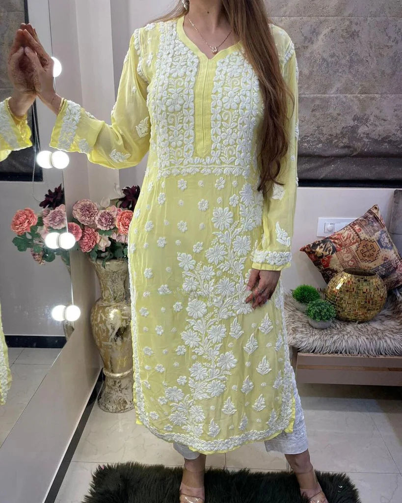 Viscose Georgette Chikankari Kurta With Palazzo Set