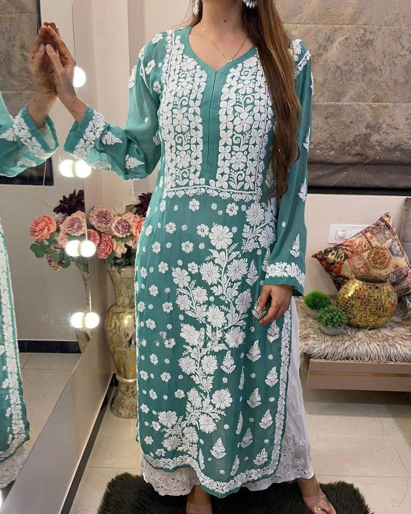 Viscose Georgette Chikankari Kurta With Palazzo Set