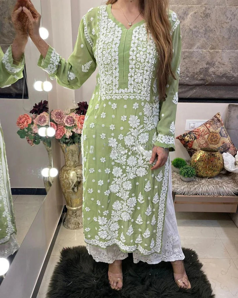 Viscose Georgette Chikankari Kurta With Palazzo Set