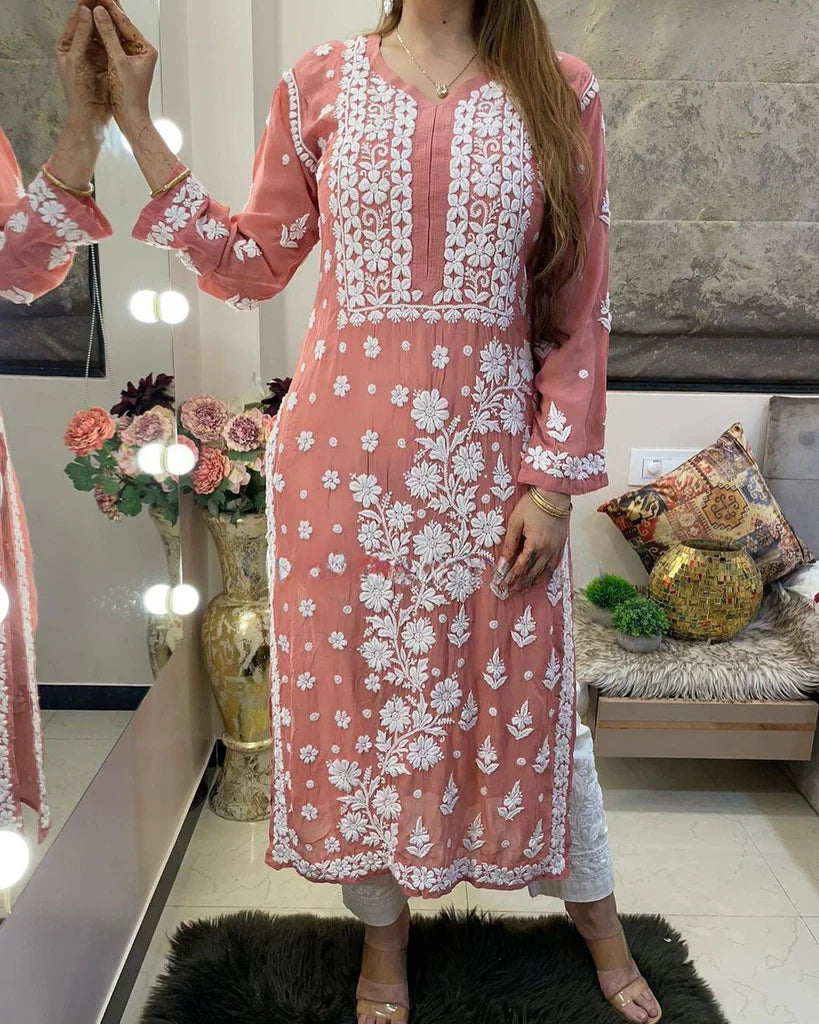 Viscose Georgette Chikankari Kurta With Palazzo Set