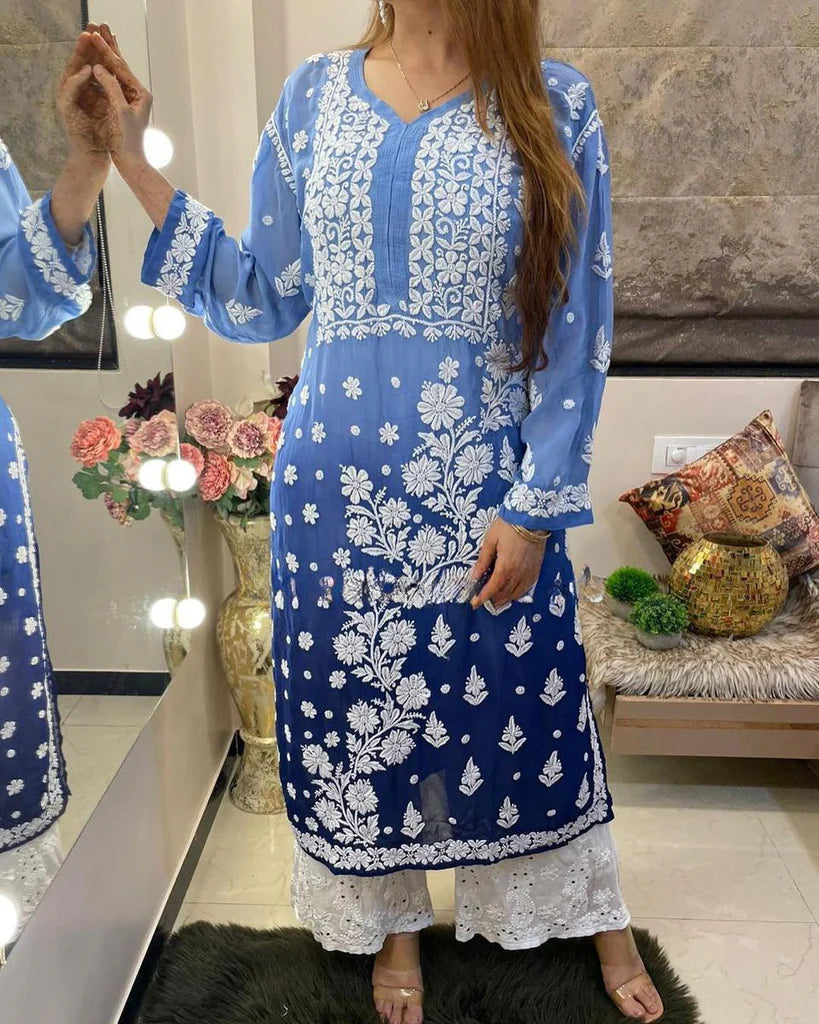 Viscose Georgette Chikankari Kurta With Palazzo Set