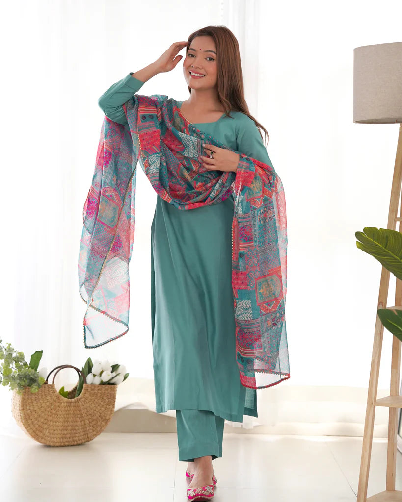 Sea Green Pure Viscose Kurti Pant With Dupatta