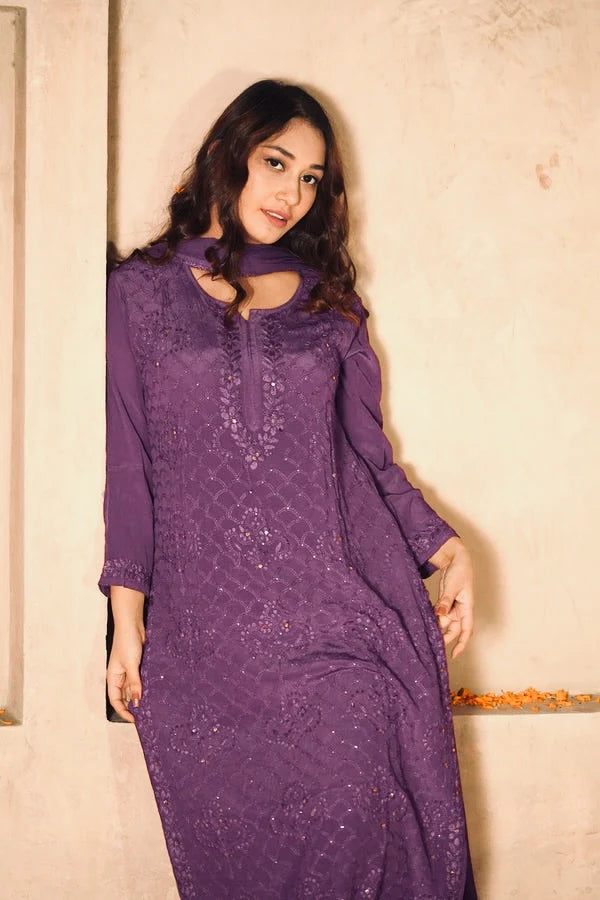 Viscose Georgette Chikankari Zari Work Kurta Pant With Dupatta