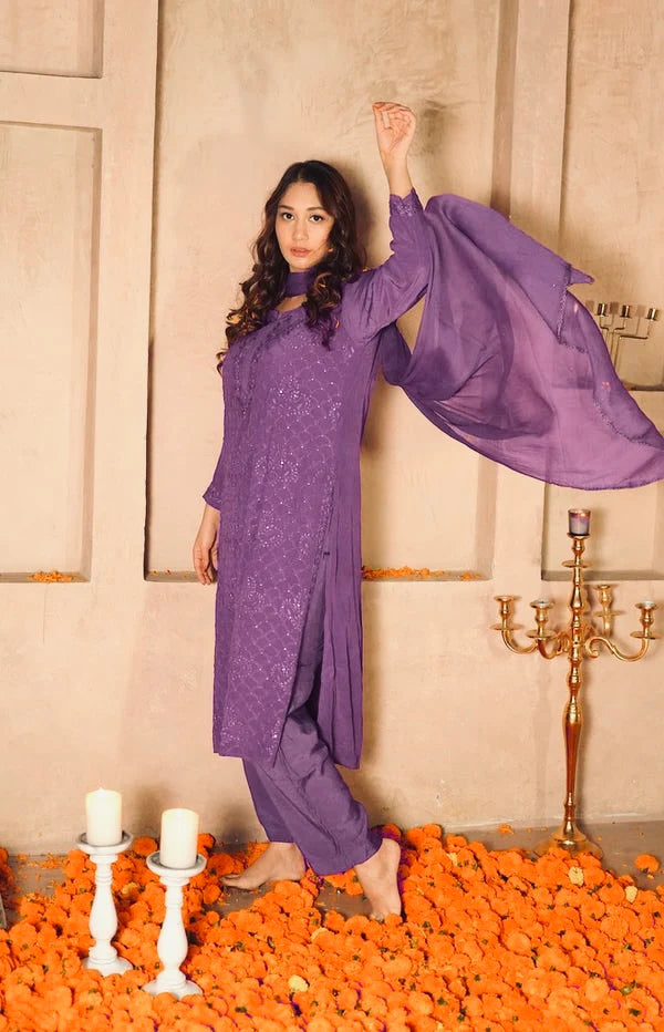 Viscose Georgette Chikankari Zari Work Kurta Pant With Dupatta