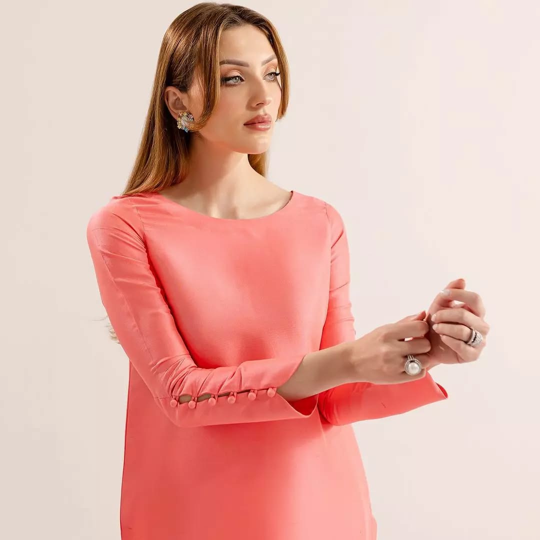 Elegant Coral Peach 3-Piece Set with Chic Boat Neck
