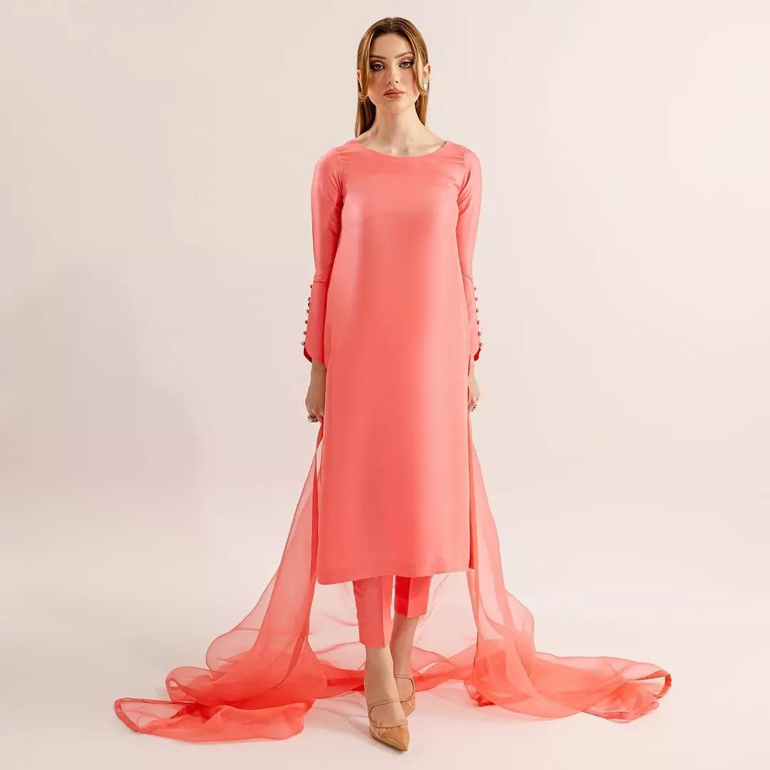 Elegant Coral Peach 3-Piece Set with Chic Boat Neck