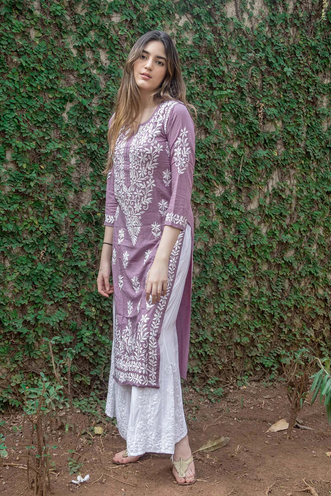 Purple Rayon Cotton Chikankari Kurta With Palazzo