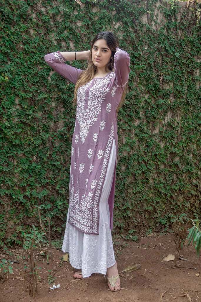 Purple Rayon Cotton Chikankari Kurta With Palazzo