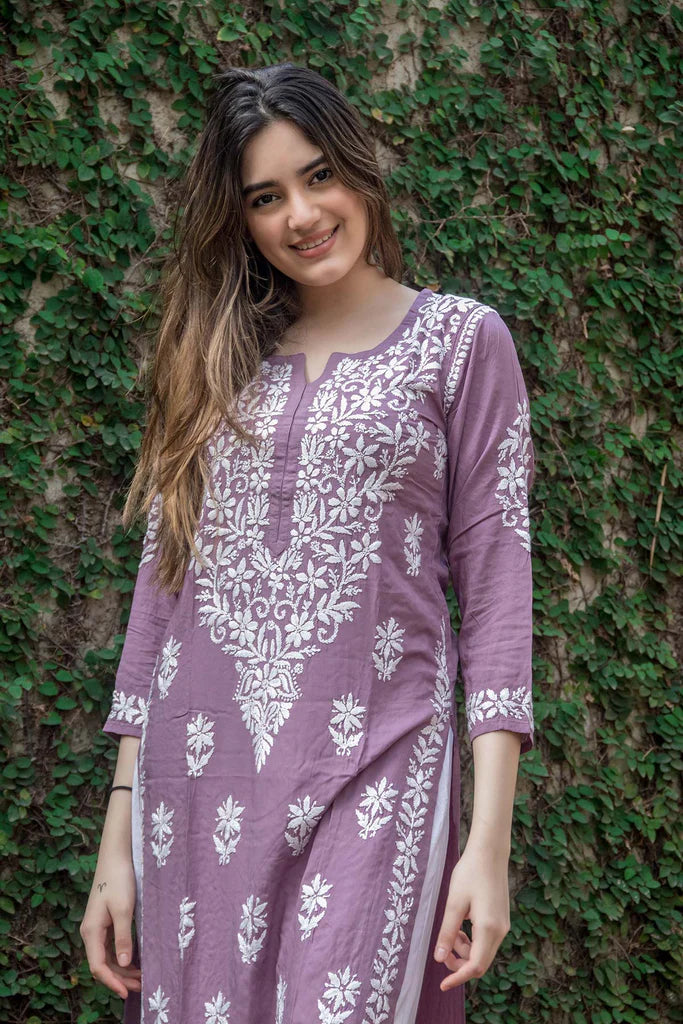 Purple Rayon Cotton Chikankari Kurta With Palazzo