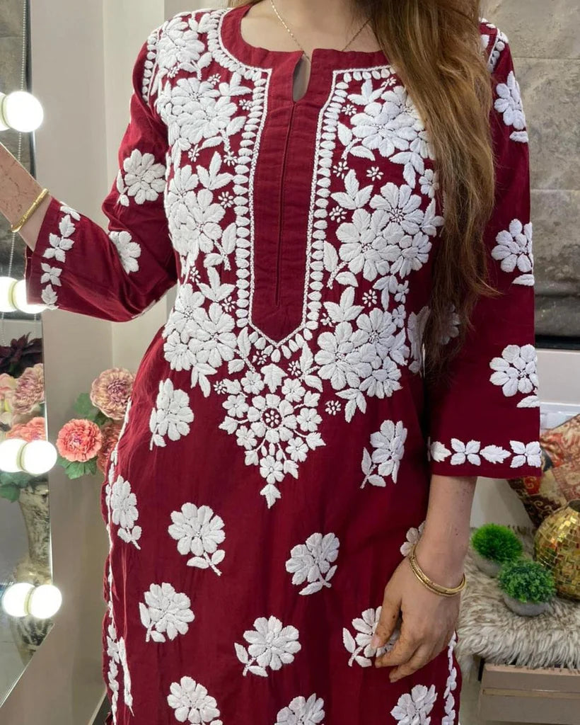 Maroon Ryon Cotton Chikankari Embroidery Work Kurti With Pant