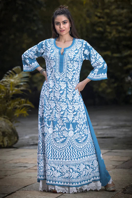 Sky Blue Rayon Cotton Chikankari Kurta With Palazzo