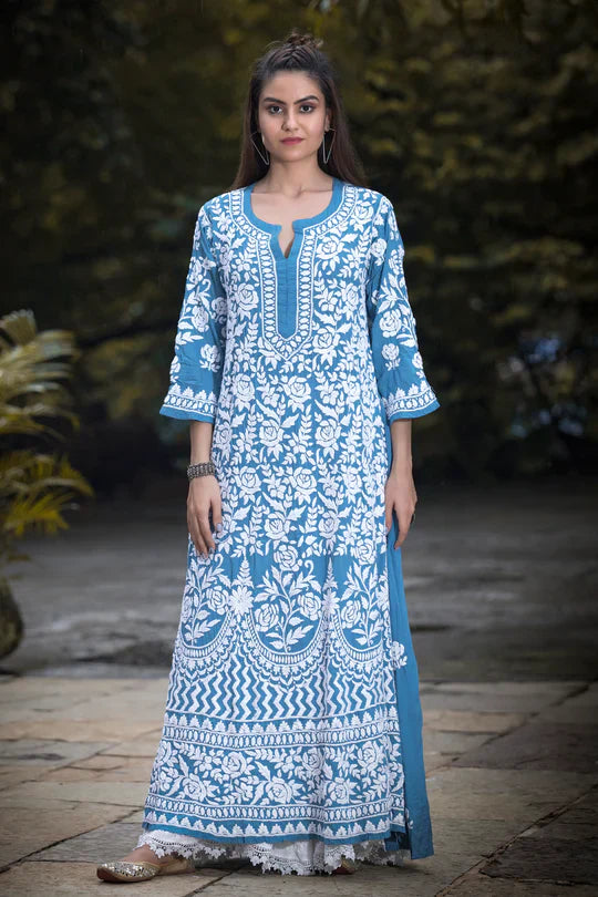 Sky Blue Rayon Cotton Chikankari Kurta With Palazzo