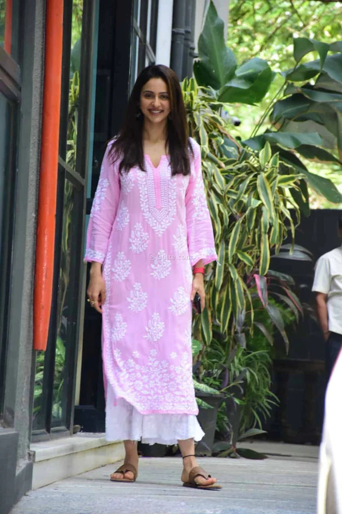 Pink Rayon Cotton Chikankari Kurta With Palazzo