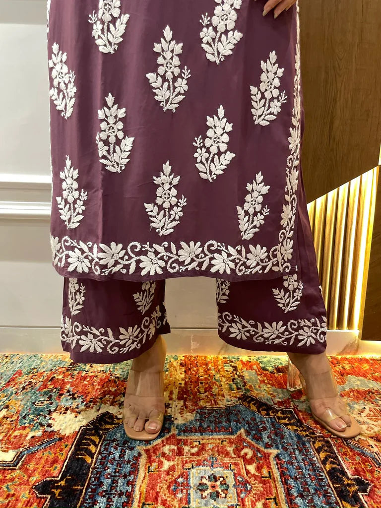 Dark Mauve Rayon Cotton Chikankari Kurta With Palazzo Set