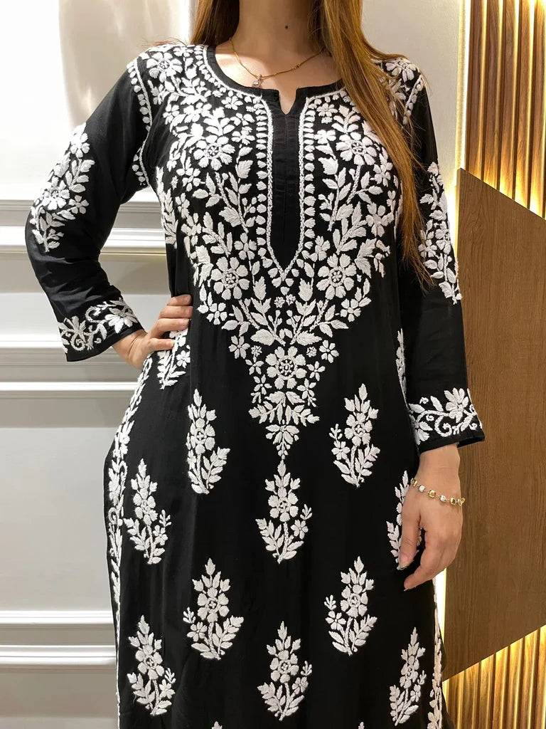 Black Rayon Cotton Chikankari Kurta With Palazzo Set