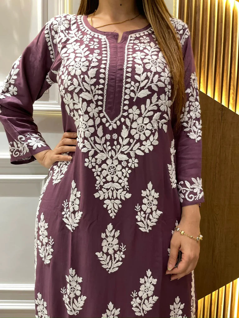 Dark Mauve Rayon Cotton Chikankari Kurta With Palazzo Set