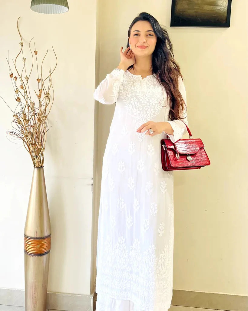 White Rayon Cotton Chikankari Kurta With Palazzo