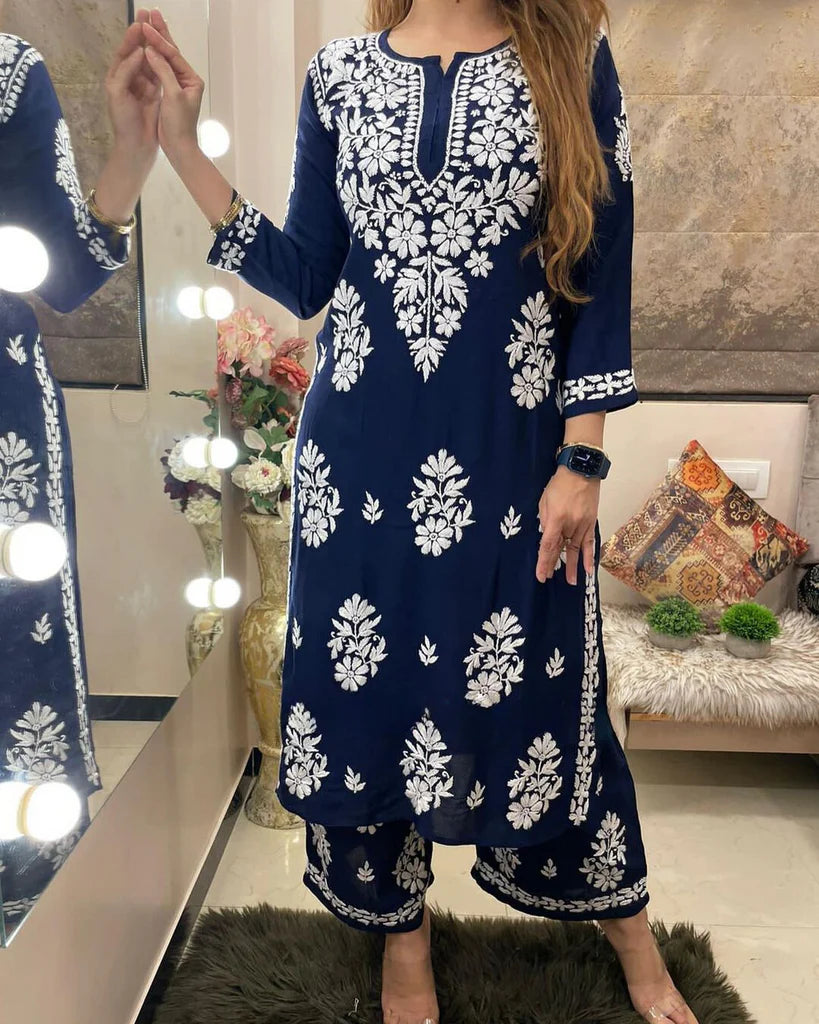 Navy Blue Rayon Cotton Chikankari Kurta With Palazzo