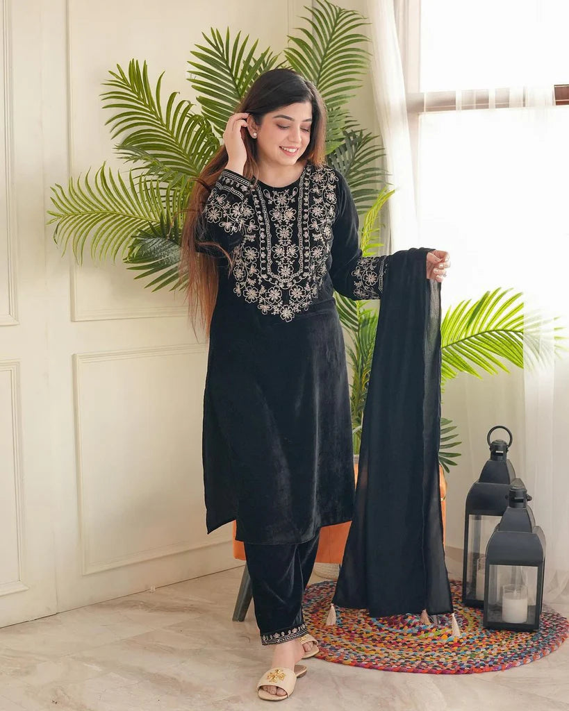 Black Viscose Velvet Embroidery Work Salwar Suit