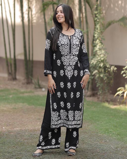 Rayon Cotton Chikankari Kurta With Palazzo