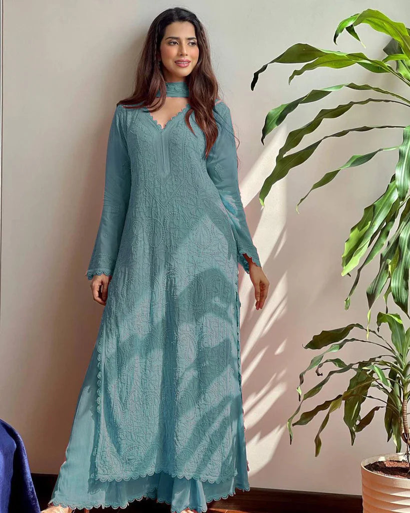 Viscose Georgette Chikankari Kurta With Palazzo And Dupatta