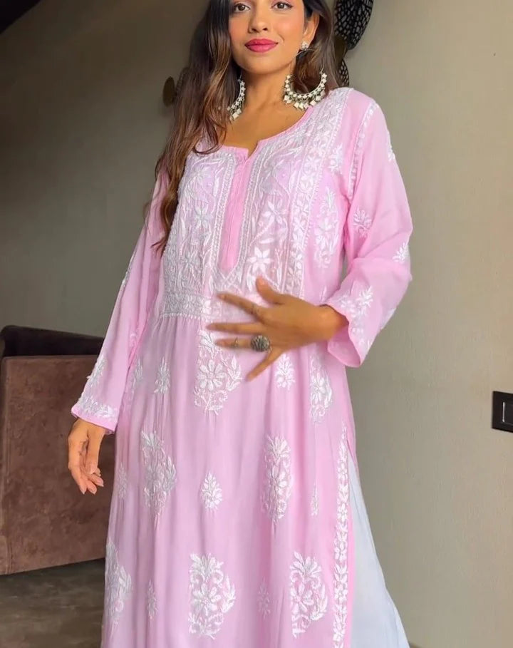 Pink Rayon Cotton Chikankari Kurta With Palazzo Set