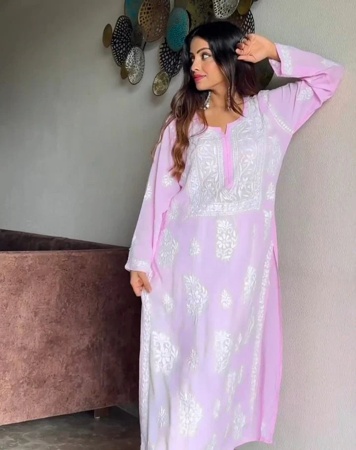 Pink Rayon Cotton Chikankari Kurta With Palazzo Set