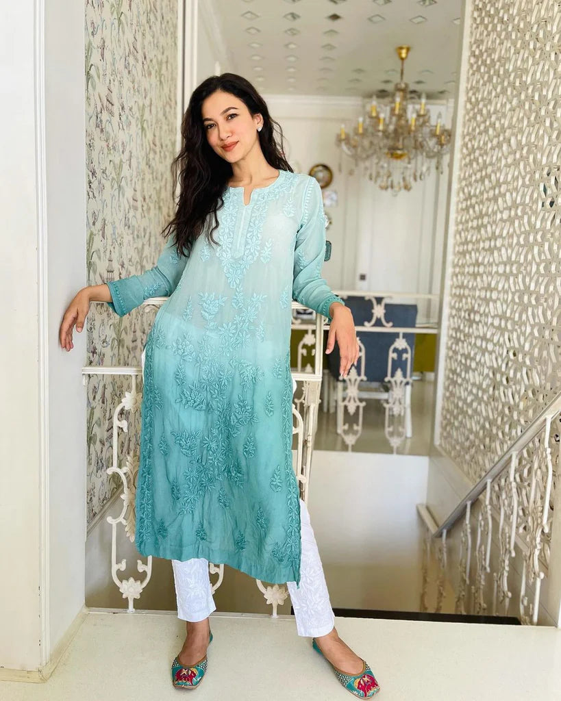 Ombre Sea Green Viscose Georgette Chikankari Kurta