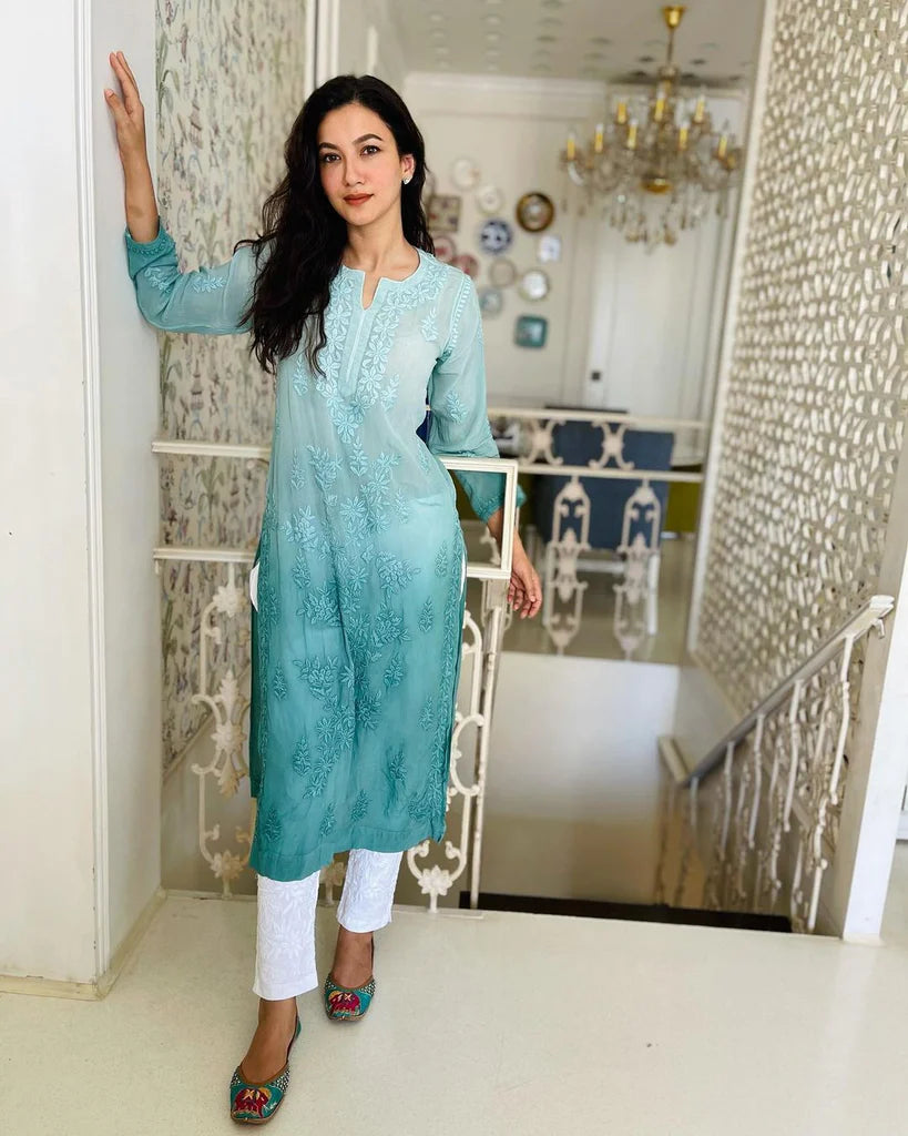 Ombre Sea Green Viscose Georgette Chikankari Kurta