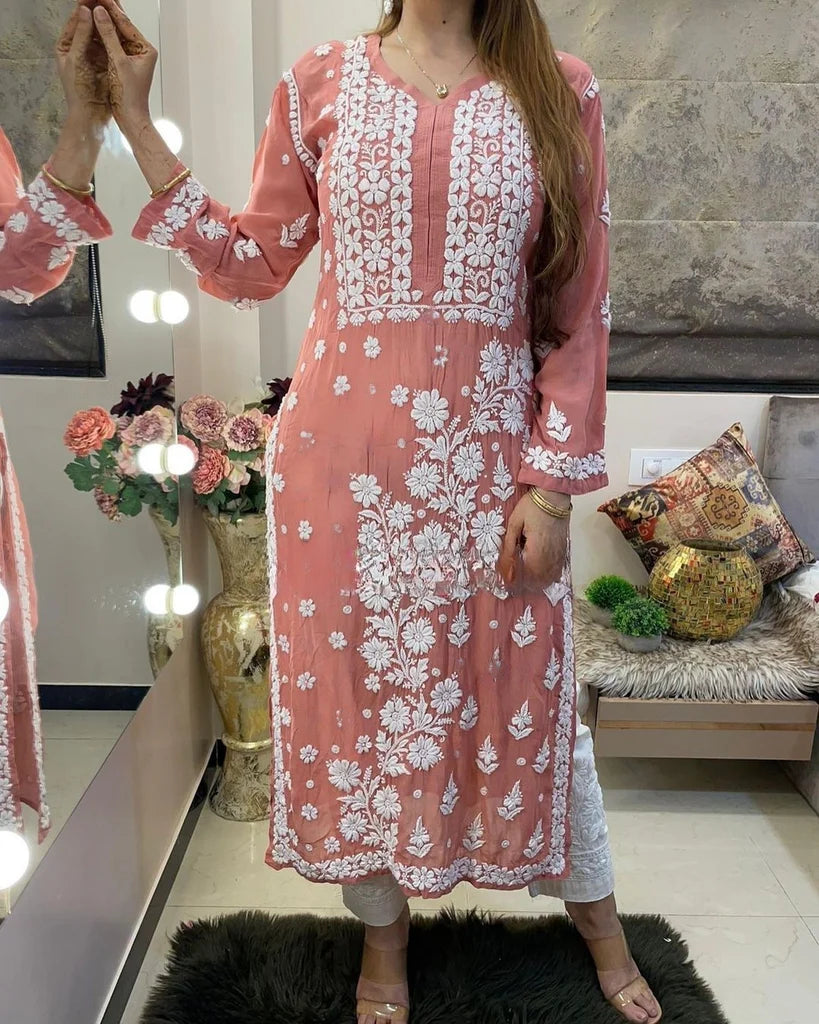 Peach Viscose Georgette Chikankari Kurta With Palazzo Set