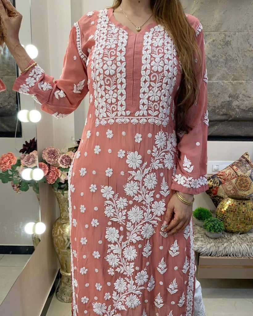 Peach Viscose Georgette Chikankari Kurta With Palazzo Set