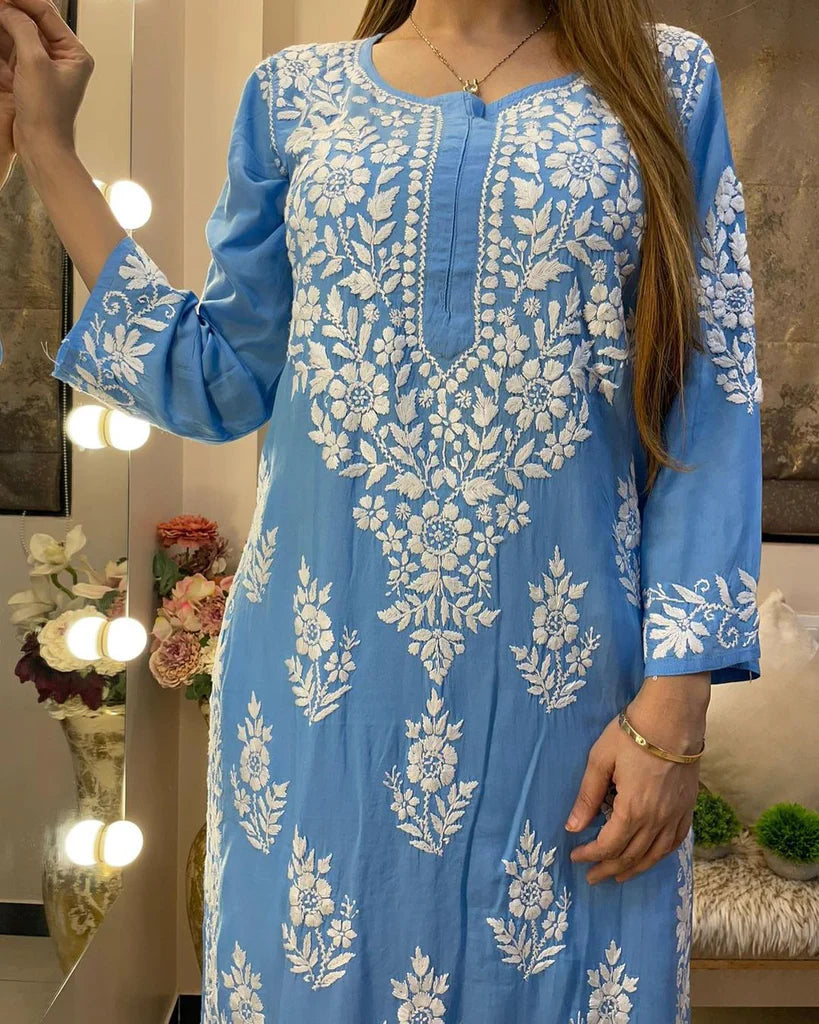 Powder Blue Rayon Cotton Chikankari Kurta With Pant