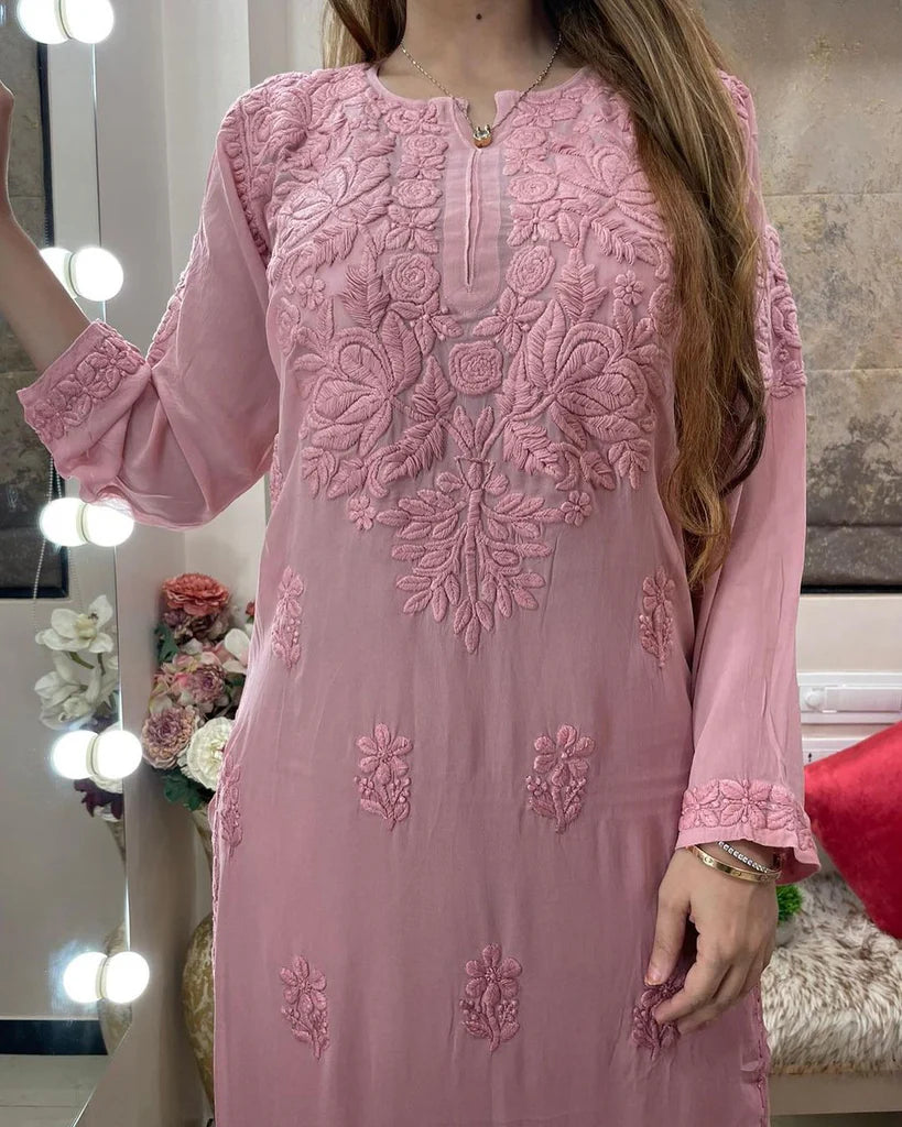 Peach Viscose Georgette Chikankari Kurta With Palazzo